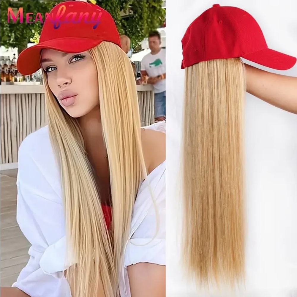 NEW - Chic Red Baseball Cap with Long Blonde Straight Synthetic Hair Extensions